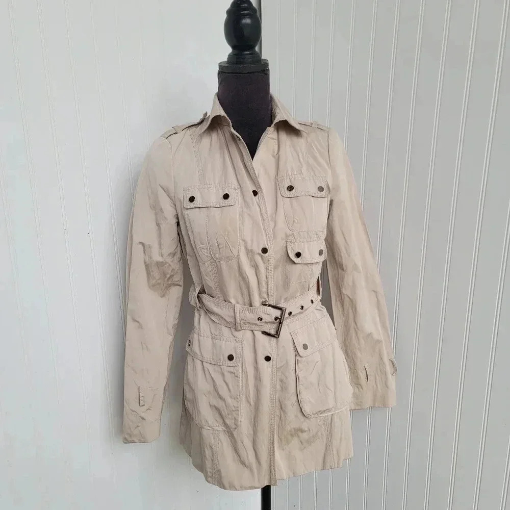 Zara Women Utility Jacket Pockets Belted Pockets Beige Jacket Coat Sz XS